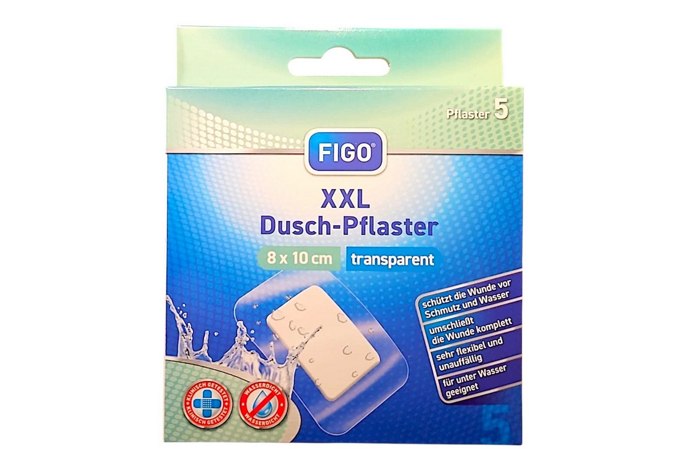 what the shop Wundpflaster FIGO XXL Dusch-Pflaster – 5 Stück, 8×10 cm, transparent & wasserfest (1 St), Wasserfester Wundschutz beim Duschen von what the shop
