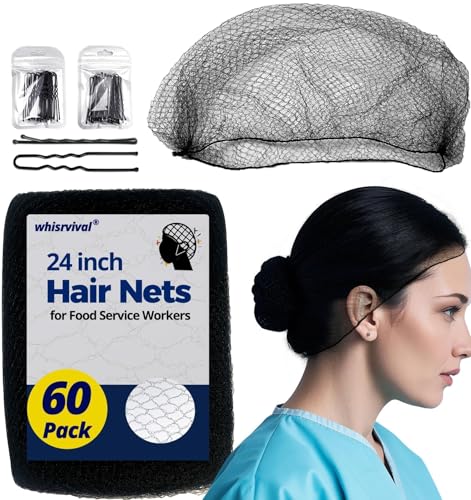 whisrvival Haarnetze für Gastronomiearbeiter, 60 Stück, 61 cm, Haarnetze für Damen/Herren, Dutt, Balletttänzer, mit 40 Haarknoten, Schwarz whisrvival Haarnetze für Gastronomiearbeiter, 60 Stück, 61 cm, Haarnetze für Damen/Herren, Dutt, Balletttänzer, mit 40 Haarknoten, Schwarz von whisrvival
