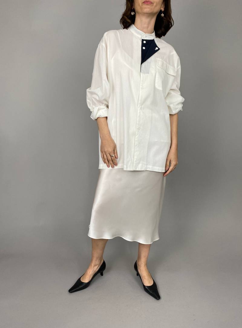 Vintage Weiße Baumwollbluse Mit Bandkragen Größe L Xl von whiteaporter