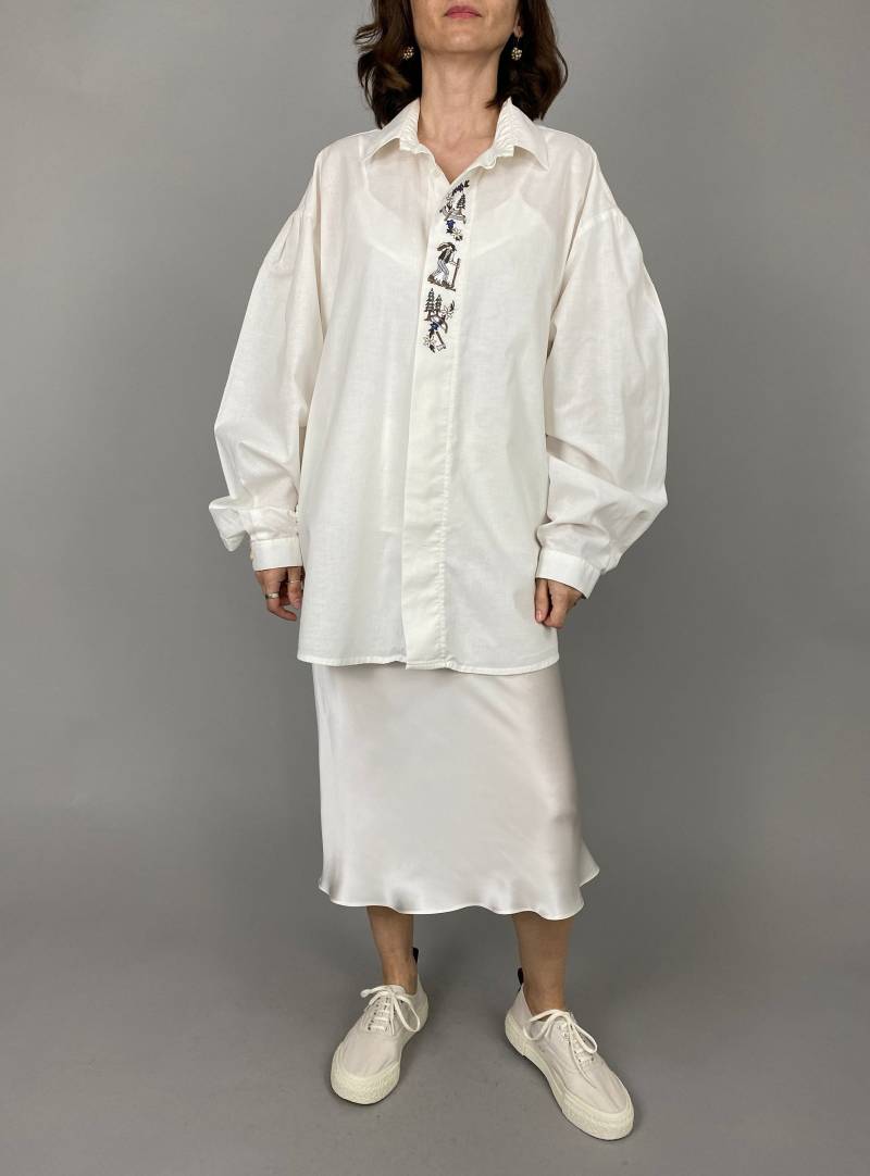 Vintage Übergroße Weiße Baumwollbluse Gefaltete Bestickte Schultern von whiteaporter