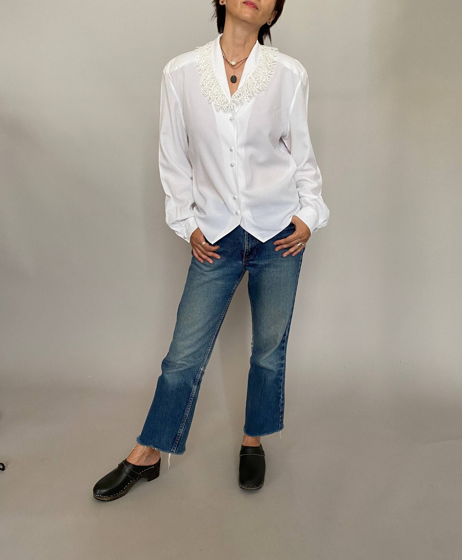 Vintage Weiße Bluse Für Frauen Gr. M - L | Weiße Mit Oversized Kragen von whiteaporter