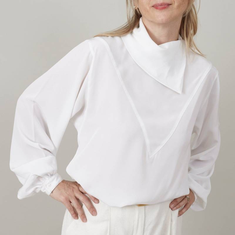 Vintage Weiße Bluse Einzigartiger Kragen, Formeller Pullover, Größe M von whiteaporter
