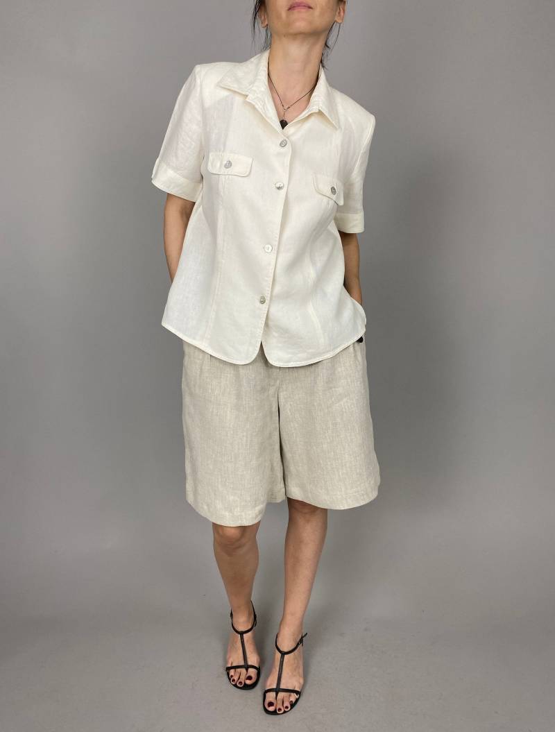 Vintage Weiße Leinen Bluse Sommer Hemd, Grösse M von whiteaporter