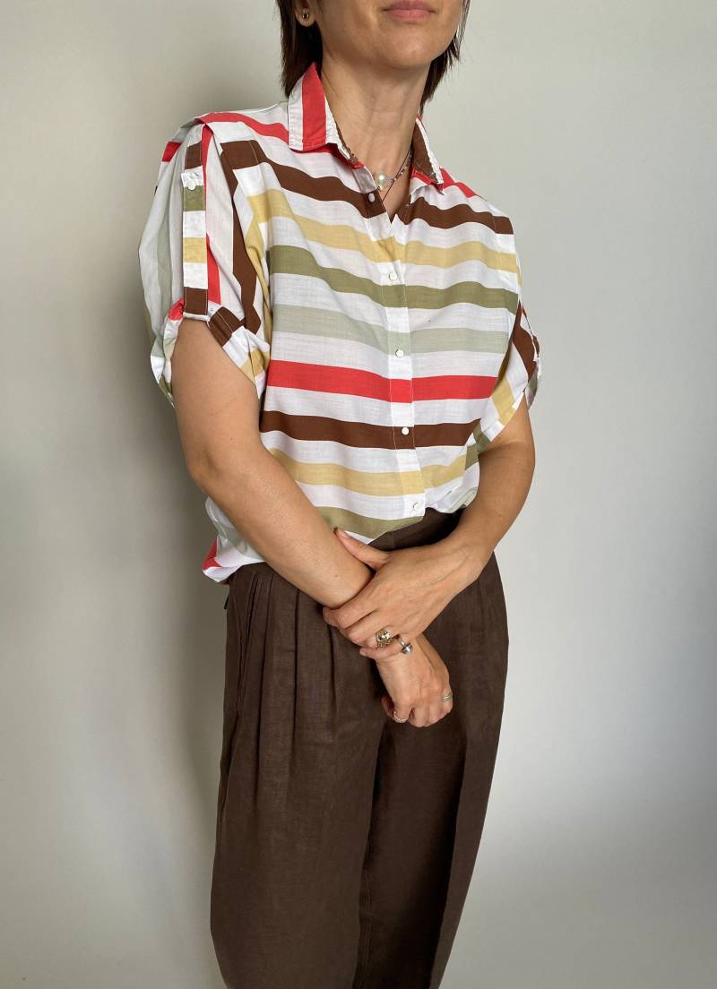 Vintage Weiße Streifen Bluse Für Frauen Gr. S - M | Kurzärmelige Sommerbluse von whiteaporter