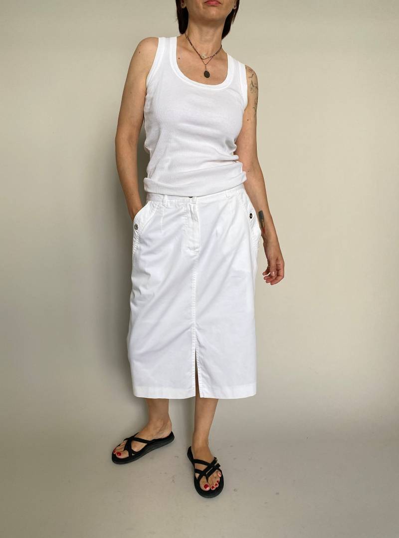 Vintage Weißer Baumwoll Midi Rock Sommer Lässig Mit Schlitz, Taschen | Größe S-M von whiteaporter