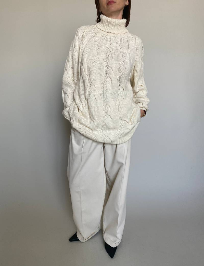 Weisser Zopfmuster Rollkragenpullover Aus Wollgemisch, Grösse L von whiteaporter