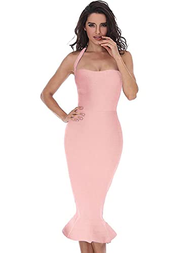 whoinshop Damen Neckholder Fischschwanz Meerjungfrau Bodycon Knielang Cocktail Bandage Kleid, Upgrade-Rosa, Groß von whoinshop