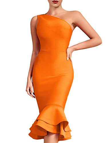 whoinshop Damen One-Shoulder-Meerjungfrau-Kleid, figurbetontes Kleid, Promi-Party, Club, Bandage-Kleid, Orange/Abendrot im Zickzackmuster (Sunset Chevron), Klein von whoinshop