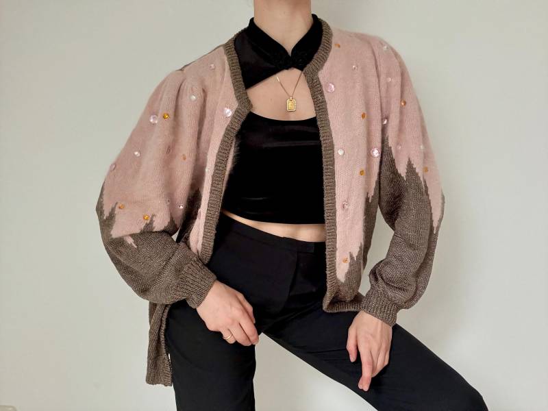 Vintage Cardigan Angora Wool Beige Pink By Marco Pecci | Gemstone Embroidered 80S 90S Women's Knit Jacket Size 38 Open Front Sweater von wiepferdegaloppieren