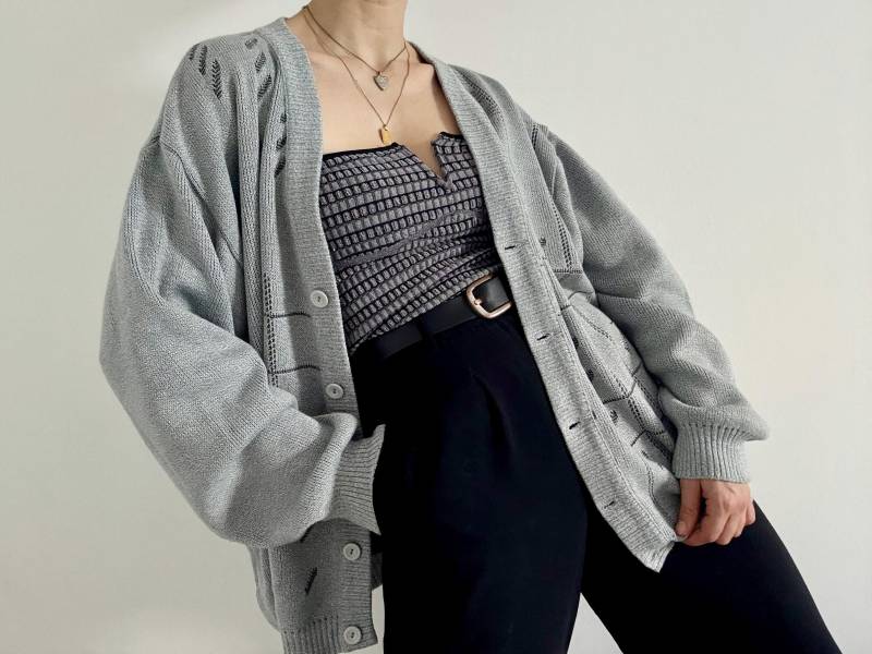 Vintage Grandpa Cardigan Oversized Grey Patterned | Casual Merino Wool Knitted 80S 90S Retro Jumper Jacket Unisex Grunge Knitwear von wiepferdegaloppieren