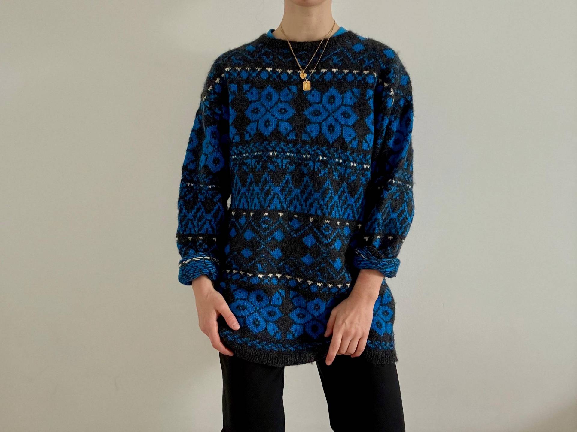 Vintage Handknitted Norwegian Sweater Shetland Wool I Rustic Fair Isle Nordic Jumper Oversized Aprés Ski 80S 90S Snowflake Folk Pullover L von wiepferdegaloppieren