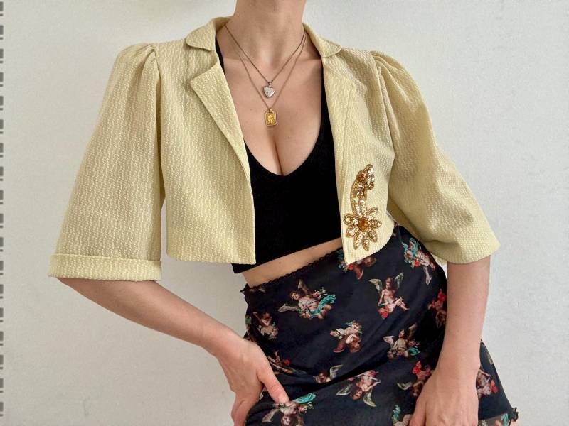 Vintage Tailored Couture Blazer Beaded Butter Yellow | Handcrafted 80S 90S Evening Sequin Crop Jacket Shrug With Embroidered Flower Ornament von wiepferdegaloppieren