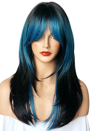 Langhaarperücke, geschichtet, schulterlang, blau, schwarz, Kunstfaser, mehrfarbige Highlights, für weiße Frauen von wigbuy