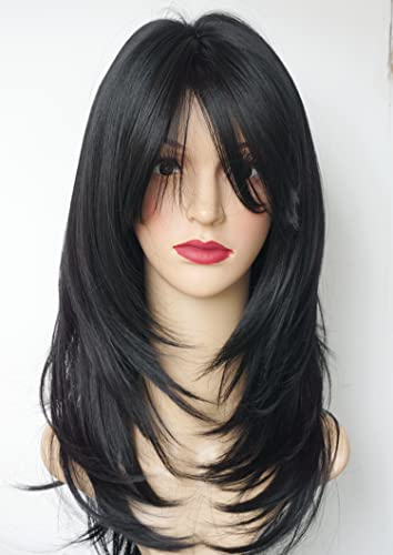 wigbuy Schwarze Perücke mit Pony, geschichtet, für Damen, Weiß, Kunsthaarperücke, Flow Out Curl, für Damen, Weiß (Schwarz) von wigbuy
