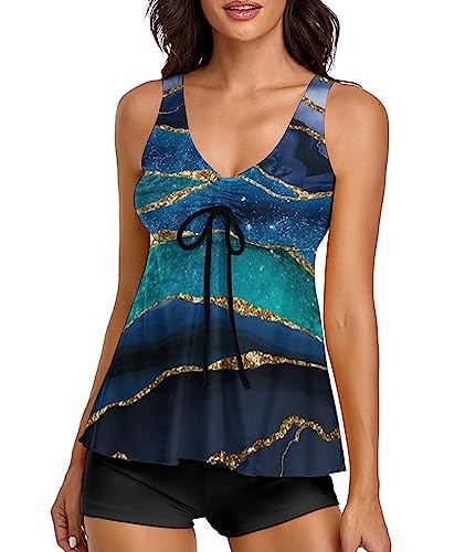 wihnsinop Badeanzug Damen Tankini Push Up Top Bauchweg Bademode Oberteil Set Freizeit Tankinis Zweiteiler Sommer Elegant Badeanzüge für mit Badeshorts XL, A Blau Grün von wihnsinop