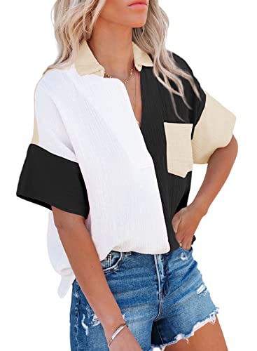 wihnsinop Bluse Damen Tunika Sommer Chiffon Blusen Chiffonbluse V-Ausschnitt Oberteile Casual Kurzarm Sommer Hemd für Damen Locker Hemdbluse Top Modisches Shirt Farbblock Schwarz M von wihnsinop