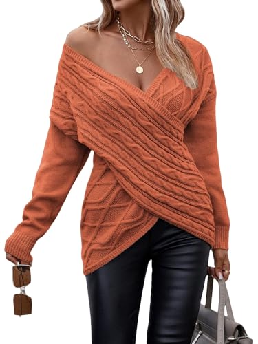 Damen-Pullover mit V-Ausschnitt, lange Ärmel, gekreuzte Wickelvorderseite, Zopfmuster, Pullover, Orange/Abendrot im Zickzackmuster (Sunset Chevron), Klein von wihnsinop