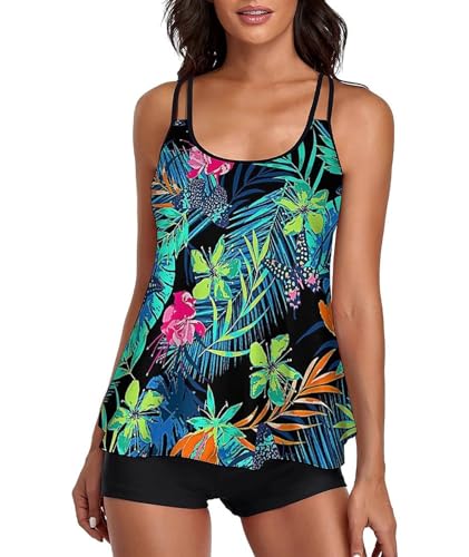 Damen Tankini Bauchweg Bademode Set Damen Freizeit Tankini Badeanzug Zweiteiler Tankini Set Sommer Elegant Badeanzüge für Damen Tankini Oberteil mit Badeshorts Grün Tropische Blätter Druck L von wihnsinop