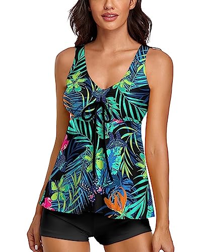 Damen Tankini Bauchweg Push Up Oberteil Bademode Set Damen Freizeit Tankini Badeanzug Zweiteiler Sommer Elegant Badeanzüge für Damen Tankini Oberteil mit Badeshorts Grün Tropische Blätter Druck XXL von wihnsinop