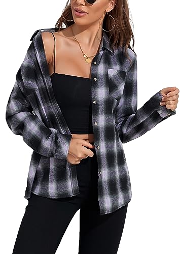 Kariertes Hemd Damen Bluse mit Knopfleiste Flanell Langarm Lässiges Hemden Langarmshirt Hemdbluse Karo Shirts Baumwolle Dickes Oberteile mit Tasche Oktoberfest Lila Kariert Tops L von wihnsinop