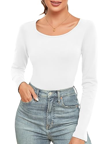 Langarmshirt Damen U-Ausschnitt Oberteile Longshirt Lässig Longtops Basic Einfarbig Oberteil Slim Fit Tops Fashion Langarm T-Shirt Top für Frauen Weiß L von wihnsinop