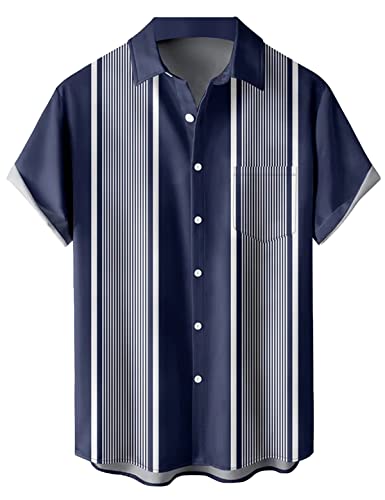 wihnsinop Men's Striped Fashion Shirts Button Down Short Sleeve Vintage Hawaiian Bowling Shirt Casual Camp Beach Tops, 3XL von wihnsinop