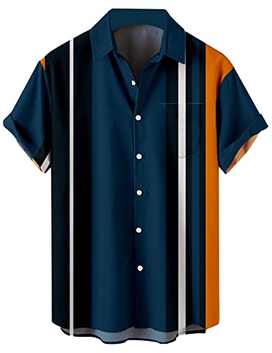 wihnsinop Men's Striped Short Sleeve Shirts, Button Down Hawaiian Bowling Shirt Aloha Casual Fun Cuban Beach Tops, L, 02 Striped Crow Black Blue von wihnsinop