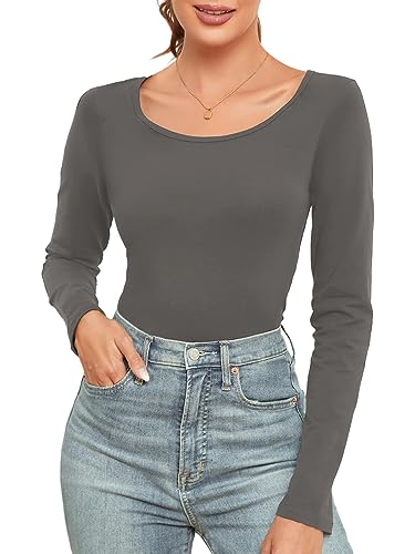 wihnsinop Oberteile Damen Langarmshirt Sexy U-Ausschnitt Tops Casual Einfabrig Shirts Langarm Oberteil Pullover Longshirt Blusen & Tuniken für Frauen Grau L von wihnsinop