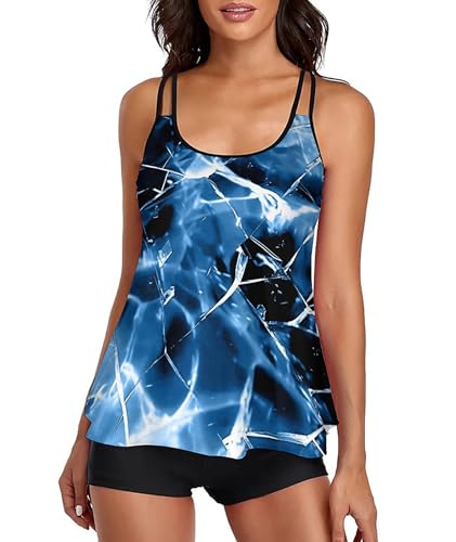 Tankini Damen Badeanzug Bauchweg Bademode Oberteil Set Damen Freizeit Tankini Badeanzug Zweiteiler Tankini Set Sommer Elegant Badeanzüge für Damen Tankini mit Badeshorts Blaues Glas Print XXL von wihnsinop