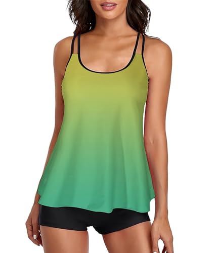 Tankini Damen Badeanzug Bauchweg Bademode Oberteil Set Damen Freizeit Tankini Badeanzug Zweiteiler Tankini Set Sommer Elegant Badeanzüge für Damen Tankini mit Badeshorts Gelb Grün Gradient S von wihnsinop