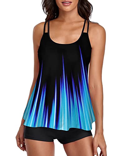 wihnsinop Tankini Damen Bauchweg Bademode Set Badeanzug Zweiteiler Badeanzüge für Oberteil mit Badeshorts Schwarz Blau XXL von wihnsinop