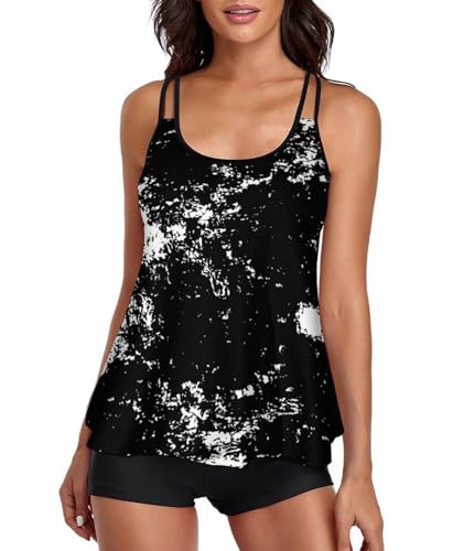 Tankini Damen Bauchweg Bademode Set Damen Freizeit Tankini Badeanzug Zweiteiler Tankini Set Sommer Elegant Badeanzüge für Damen Tankini Oberteil und Badeshorts Schwarz Weiß Tie-dye Tankini M von wihnsinop