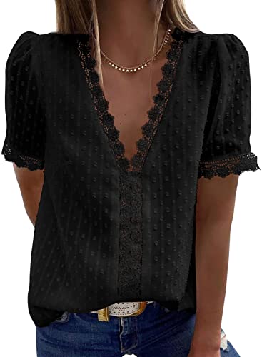 Tunika Damen Bluse Chiffon Elegant Blusen Locker Kurzarm Einfarbig Shirt Sommer Oberteil Spitzen Tops mit V-Ausschnitt Blusen Bügelfrei Niedlicher Tupfen Schwarz L von wihnsinop