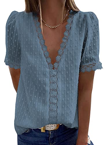 wihnsinop Tunika Damen Bluse Spitze Chiffon Blusen für Damen T-Shirt Kurzarm Oberteile Entspannt Tunika Sexy V-Ausschnitt Tops Blau S von wihnsinop