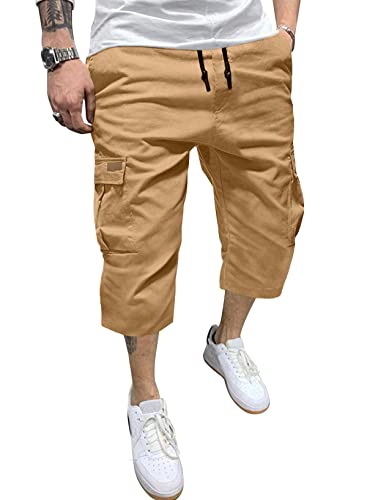 wihnsinop 3/4 Cargo Shorts Herren Kurze Hosen Herren Capri Bermuda Shorts Sweatshorts Freizeithose Jogginghose Männer Sport Shorts Herren Chino Kurze Sommer Casual Herrenshorts Mit Multasche Khaki-38 von wihnsinop