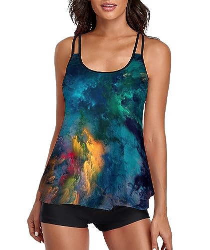 wihnsinop Badeanzug Damen Bauchweg Tankini Bademode Oberteil Set Damen Freizeit Zweiteiler Tankini Set Sommer Elegant Badeanzüge für Damen Tankini mit Badeshorts Blau. Tie-dye. L von wihnsinop