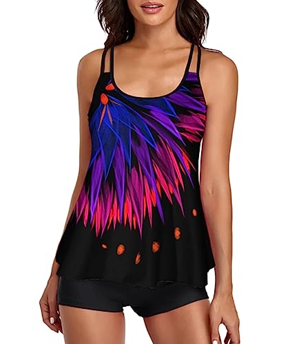 wihnsinop Badeanzug Damen Bauchweg Tankini Bademode Oberteil Set Damen Freizeit Zweiteiler Tankini Set Sommer Elegant Badeanzüge für Damen Tankini mit Badeshorts Lila Farbverlauf Blume M von wihnsinop