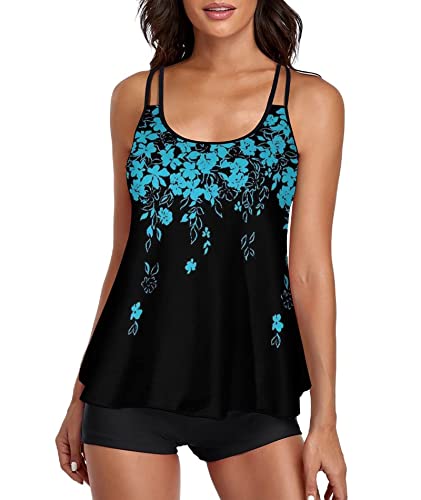 wihnsinop Badeanzug Damen Tankini Bauchweg Bademode Oberteil Set Damen Freizeit Tankinis Badeanzug Zweiteiler Tankini Set Sommer Elegant Badeanzüge für Damen Tankini mit Badeshorts Blau L von wihnsinop