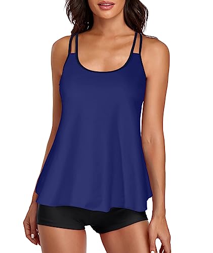 wihnsinop Badeanzug Damen Tankini Bauchweg Bademode Oberteil Set Damen Freizeit Tankinis Badeanzug Zweiteiler Tankini Set Sommer Elegant Badeanzüge für Damen Tankini mit Badeshorts Dunkelblau M von wihnsinop