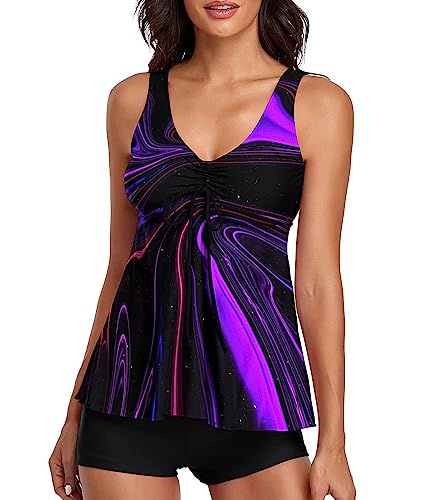 wihnsinop Badeanzug Damen Tankini Push Up Top Bauchweg Bademode Oberteil Set Damen Freizeit Tankinis Badeanzug Zweiteiler Tankini Set Sommer Tankini mit Badeshorts Mystique Lila Wirbel L von wihnsinop