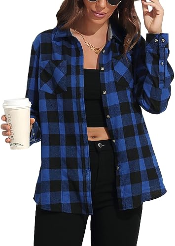 wihnsinop Bluse Damen Flanell Kariertes Hemd mit Knopfleiste Langarm Lässiges Hemden Slim Fit Passform Karo Hemdbluse Baumwolle Dickes Oberteile mit Tasche Oktoberfest Blau Schwarz S von wihnsinop