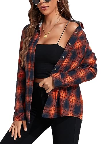 wihnsinop Bluse Damen Kariertes Hemd mit Knopfleiste Flanell Langarm Lässiges Hemden Button-down Hemdbluse Karo Tunika Baumwolle Dickes Oberteile mit Tasche Oktoberfest Blau Orange Kariert S von wihnsinop