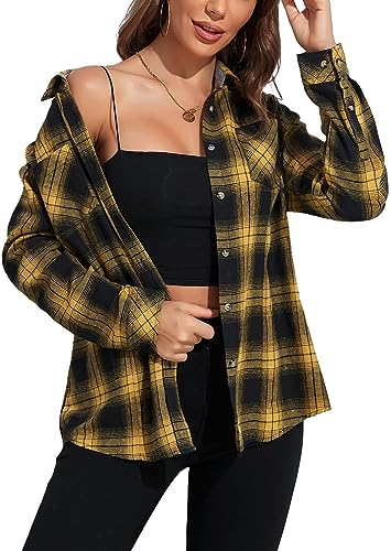 wihnsinop Bluse Damen Kariertes Hemd mit Knopfleiste Flanell Langarm Lässiges Hemden Button-down Hemdbluse Karo Tunika Baumwolle Dickes Oberteile mit Tasche Oktoberfest Schwarz Gelb M von wihnsinop