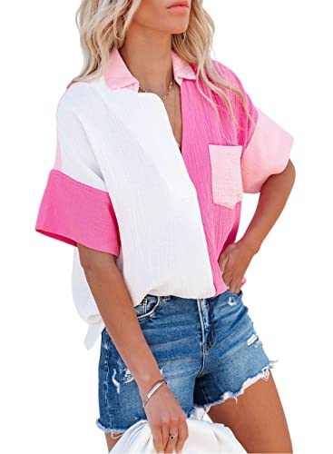 wihnsinop Damen Bluse Chiffon Blusen Halbarm Tunika V-Ausschnitt Oberteile Casual Kurzarm Sommer Hemd für Damen Locker Tops Modisches Shirt Color Block mit Tasche Rosa S, (LC2553331-6) von wihnsinop