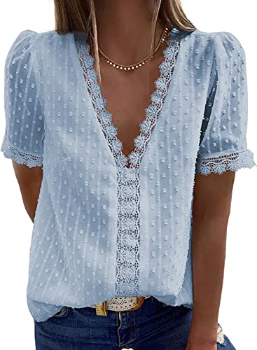 Damen Bluse Tunika mit Spitzen Blusen Chiffon Hemd T-Shirt Tops Elegant Frühling Sommer Kurzarm V-Ausschnitt Oberteile Locker Kurz Partywear Arbeit Hellblau L von wihnsinop