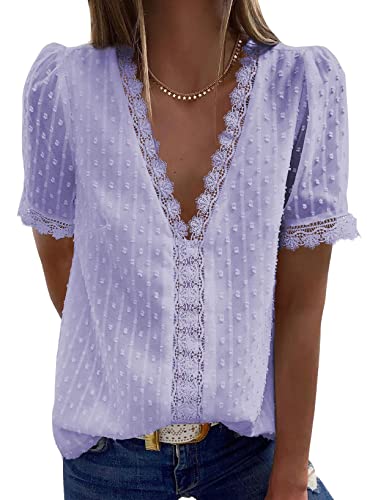 wihnsinop Damen Bluse V-Ausschnitt Tunika Damen Blusen Chiffon Hemd mit Spitzen T-Shirt Tops Elegant Frühling Sommer Kurzarm Oberteile Locker Partywear Arbeit Lila L von wihnsinop