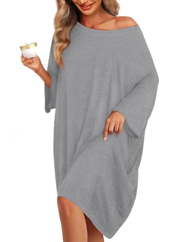 wihnsinop Damen Nachthemd Bambus Kurzarm Nachtwäsche Schlafshirt Sleepshirt U-Ausschnitt Sommer Schlafkleid Nachtkleid Schlafhemd Sleepwear Negligee T-Shirt Dress von wihnsinop