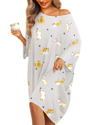 wihnsinop Damen Nachthemd Bambus Kurzarm Nachtwäsche Schlafshirt Sleepshirt U-Ausschnitt Sommer Schlafkleid Nachtkleid Schlafhemd Sleepwear Negligee T-Shirt Dress von wihnsinop