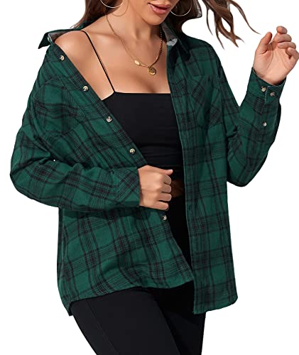 wihnsinop Flanell Hemd Damen Kariertes Bluse mit Knopfleiste Hemden Oktoberfest Langarmshirt Lässiges Hemdbluse Baumwolle Dickes Oberteile mit Tasche Grün Karo M von wihnsinop