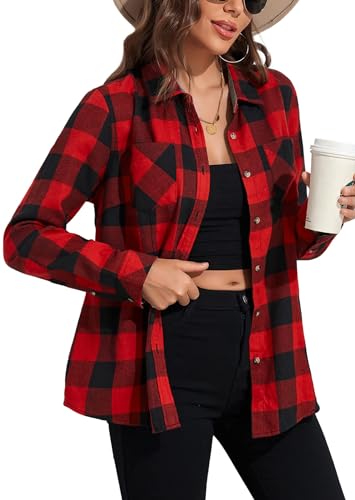 wihnsinop Hemd Damen Bluse Flanell Kariertes Oktoberfest Oberteile Lose Dickes Langarmshirt Lockere Passform Blusen Tops Lässiges mit Tasche Langarm Casual Klassisches Plaid L von wihnsinop